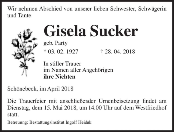 Traueranzeige von Gisela Sucker (geb. Party)  von Magdeburger Volksstimme