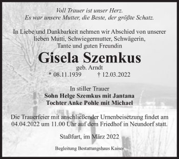 Traueranzeige von Gisela Szemkus (geb. Arndt)  von Magdeburger Volksstimme