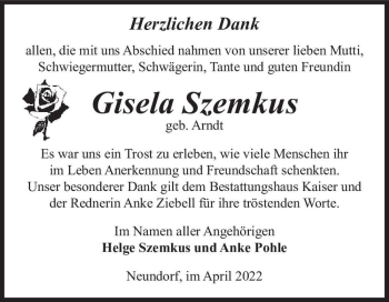 Traueranzeige von Gisela Szemkus (geb. Arndt)  von Magdeburger Volksstimme