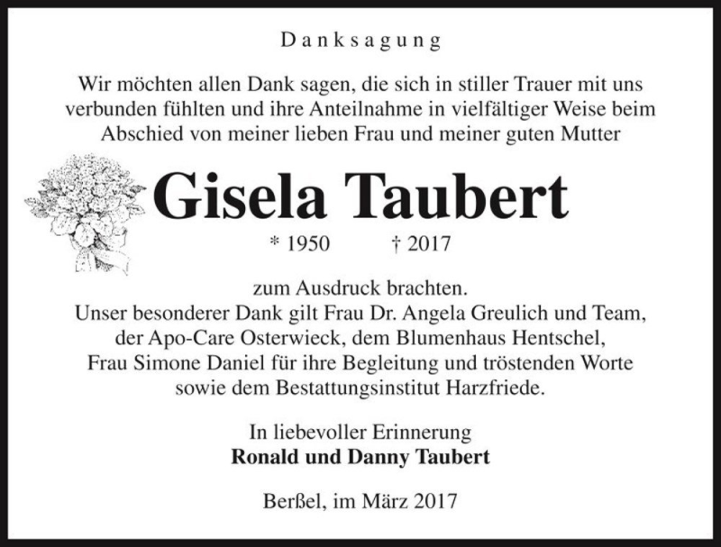  Traueranzeige für Gisela Taubert  vom 25.03.2017 aus Magdeburger Volksstimme