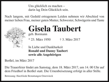 Traueranzeige von Gisela Taubert (geb. Bormann)  von Magdeburger Volksstimme