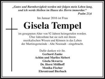 Traueranzeige von Gisela Tempel  von Magdeburger Volksstimme