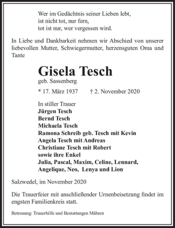 Traueranzeige von Gisela Tesch (geb. Sassenberg)  von Magdeburger Volksstimme