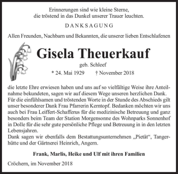 Traueranzeige von Gisela Theuerkauf (geb. Schleef)  von Magdeburger Volksstimme