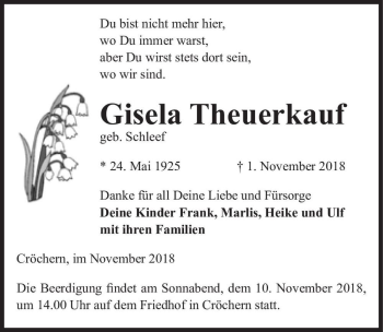 Traueranzeige von Gisela Theuerkauf (geb. Schleef)  von Magdeburger Volksstimme