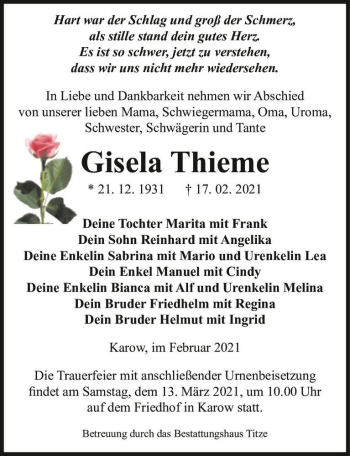 Traueranzeige von Gisela Thieme  von Magdeburger Volksstimme