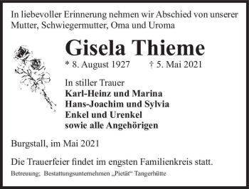 Traueranzeige von Gisela Thieme  von Magdeburger Volksstimme