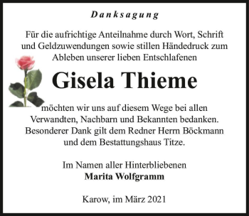 Traueranzeige von Gisela Thieme  von Magdeburger Volksstimme