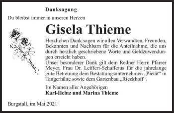 Traueranzeige von Gisela Thieme  von Magdeburger Volksstimme