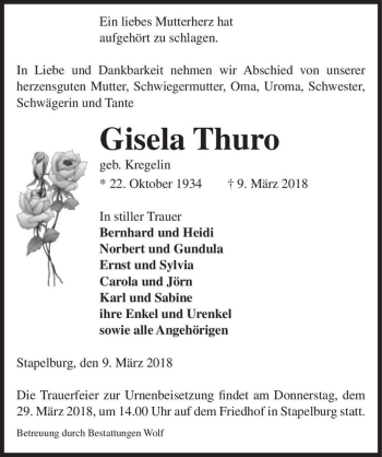 Traueranzeige von Gisela Thuro (geb. Kregelin)  von Magdeburger Volksstimme