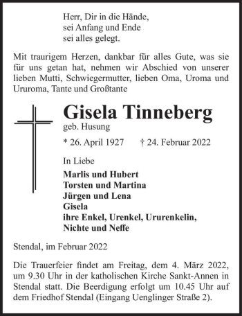Traueranzeige von Gisela Tinneberg (geb. Husung)  von Magdeburger Volksstimme