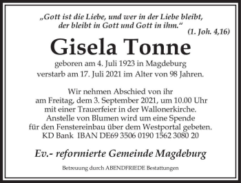 Traueranzeige von Gisela Tonne  von Magdeburger Volksstimme