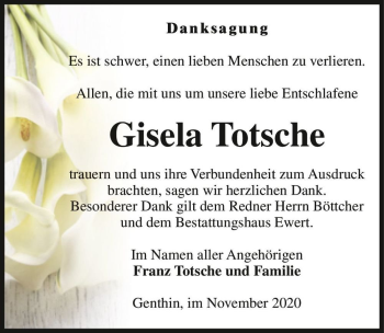 Traueranzeige von Gisela Totsche  von Magdeburger Volksstimme