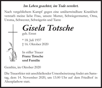 Traueranzeige von Gisela Totsche (geb. Ernst)  von Magdeburger Volksstimme