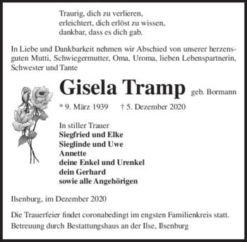 Traueranzeige von Gisela Tramp (geb. Bormann)  von Magdeburger Volksstimme