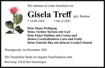 Traueranzeige von Gisela Treff (geb. Ramme)  von Magdeburger Volksstimme