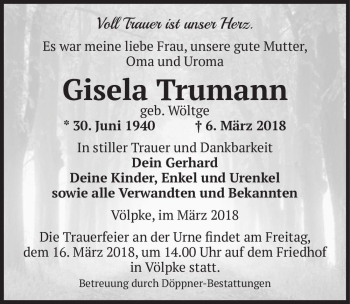 Traueranzeige von Gisela Trumann (geb. Wöltge)  von Magdeburger Volksstimme