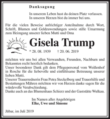 Traueranzeige von Gisela Trump  von Magdeburger Volksstimme