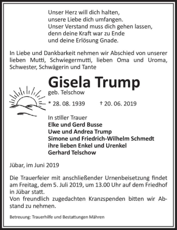 Traueranzeige von Gisela Trump (geb. Telschow)  von Magdeburger Volksstimme
