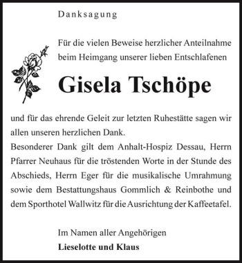 Traueranzeige von Gisela Tschöpe  von Magdeburger Volksstimme