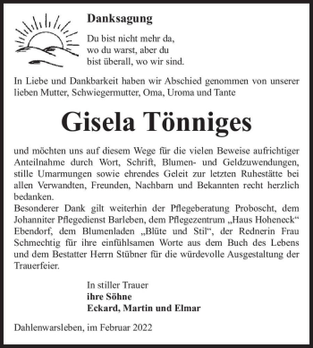 Traueranzeige von Gisela Tönniges  von Magdeburger Volksstimme