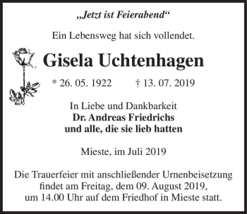 Traueranzeige von Gisela Uchtenhagen  von Magdeburger Volksstimme