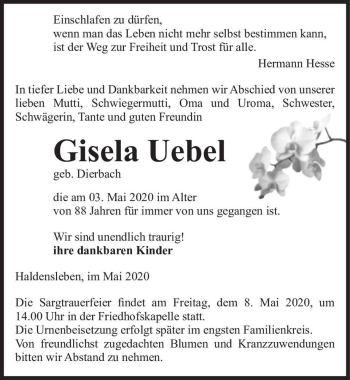 Traueranzeige von Gisela Uebel (geb. Dierbach)  von Magdeburger Volksstimme