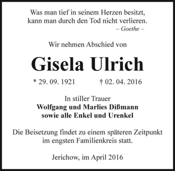 Traueranzeige von Gisela Ulrich  von Magdeburger Volksstimme