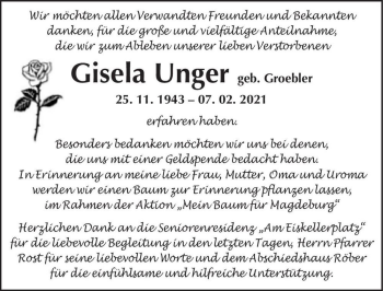Traueranzeige von Gisela Unger (geb. Groebler)  von Magdeburger Volksstimme