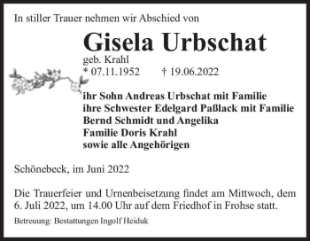 Traueranzeige von Gisela Urbschat (geb. Krahl)  von Magdeburger Volksstimme