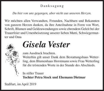 Traueranzeige von Gisela Vester  von Magdeburger Volksstimme