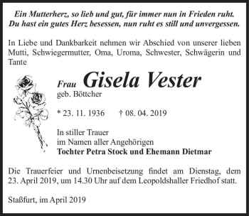 Traueranzeige von Gisela Vester (geb. Böttcher)  von Magdeburger Volksstimme