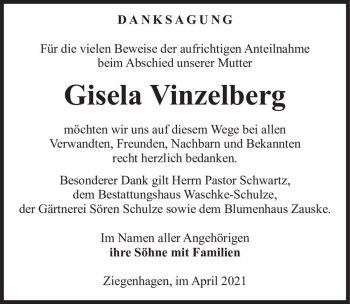 Traueranzeige von Gisela Vinzelberg  von Magdeburger Volksstimme