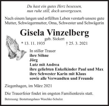 Traueranzeige von Gisela Vinzelberg (geb. Sickert)  von Magdeburger Volksstimme