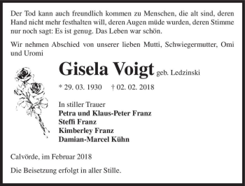 Traueranzeige von Gisela Voigt (geb. Ledzinski)  von Magdeburger Volksstimme