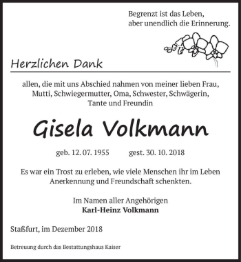 Traueranzeige von Gisela Volkmann  von Magdeburger Volksstimme