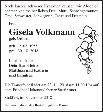 Traueranzeige von Gisela Volkmann (geb. Gröbel)  von Magdeburger Volksstimme