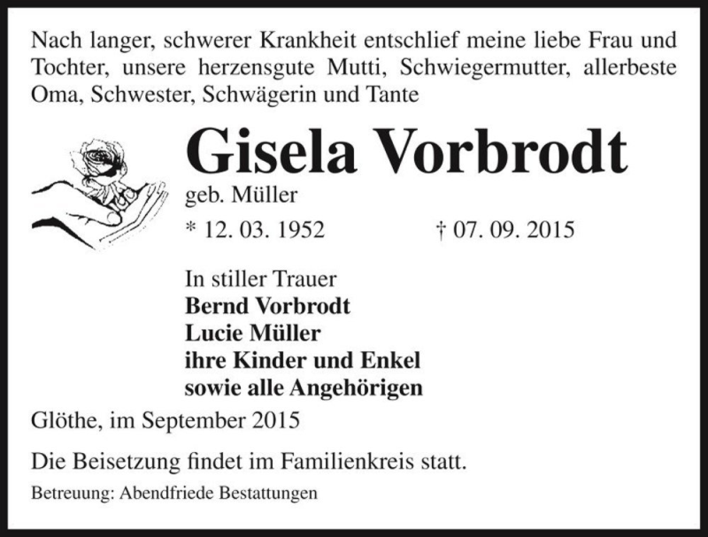  Traueranzeige für Gisela Vorbrodt (geb. Müller)  vom 12.09.2015 aus Magdeburger Volksstimme