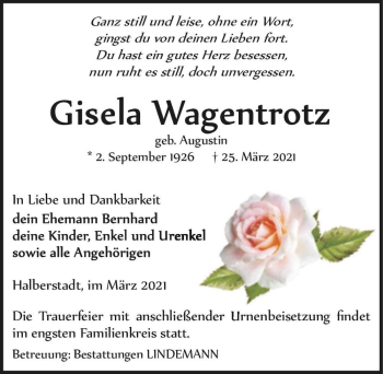 Traueranzeige von Gisela Wagentrotz (geb. Augustin)  von Magdeburger Volksstimme