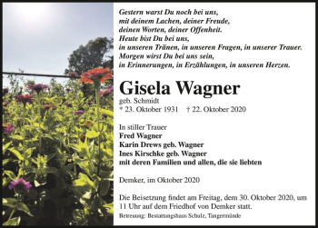 Traueranzeige von Gisela Wagner (geb. Schmidt)  von Magdeburger Volksstimme