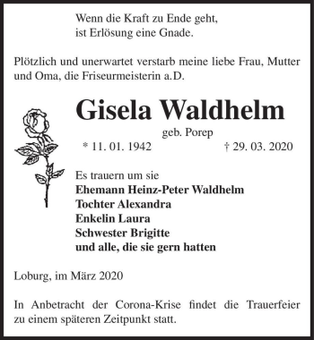 Traueranzeige von Gisela Waldhelm (geb. Porep)  von Magdeburger Volksstimme
