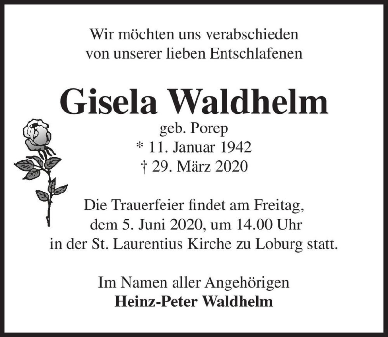  Traueranzeige für Gisela Waldhelm (geb. Porep)  vom 30.05.2020 aus Magdeburger Volksstimme