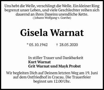 Traueranzeige von Gisela Warnat  von Magdeburger Volksstimme