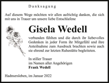 Traueranzeige von Gisela Wedell  von Magdeburger Volksstimme