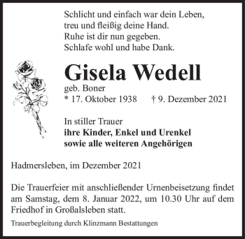 Traueranzeige von Gisela Wedell (geb. Boner)  von Magdeburger Volksstimme