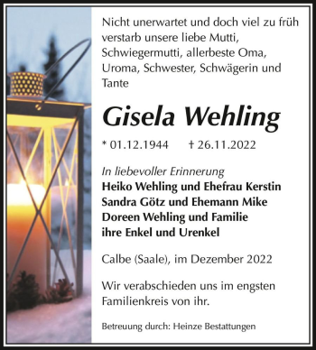 Traueranzeige von Gisela Wehling  von Magdeburger Volksstimme