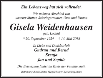 Traueranzeige von Gisela Weidenhausen (geb. Lodahl)  von Magdeburger Volksstimme