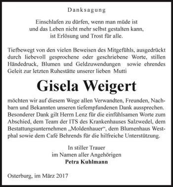 Traueranzeige von Gisela Weigert  von Magdeburger Volksstimme