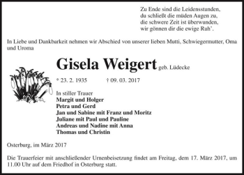 Traueranzeige von Gisela Weigert (geb. Lüdecke)  von Magdeburger Volksstimme