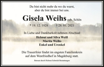 Traueranzeige von Gisela Weihs (geb. Schön)  von Magdeburger Volksstimme
